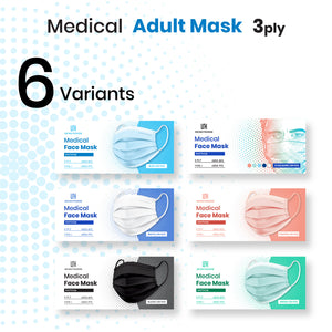 (Upgrade Version) Skin Hygiene 3ply Medical Mask - Blue, Black, White, Green, Copper & 5 Color