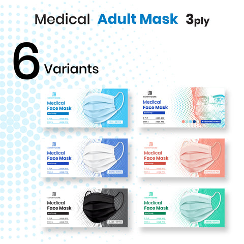 (Upgrade Version) Skin Hygiene 3ply Medical Mask - Blue, Black, White, Green, Copper & 5 Color