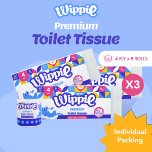 Wippie Soft Hygienic Toilet Paper Individual Packaging, Premium Embossed & Strong Absorbent - 3 Bags (4ply x 1520 Sheets